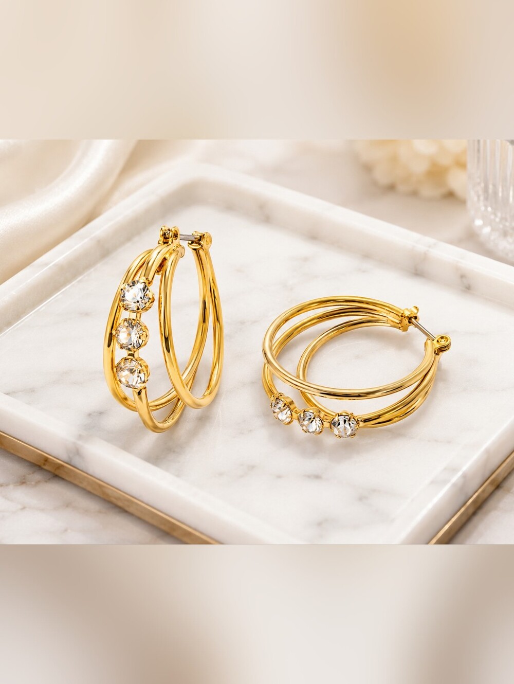 Gold Tone Triple Hoop Earrings with Clear Rhinestones 1" Elegant Statement